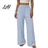 Women Casual Pants Striped Wide Leg Pants Summer Elastic Waist Breathable Trousers Loose Fit Palazzo with Pockets Daily Wear
