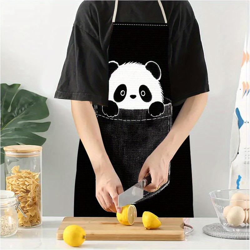 1pc Black Panda Pocket Apron Cute Animal Design Kitchen Cooking Bib for Men Women