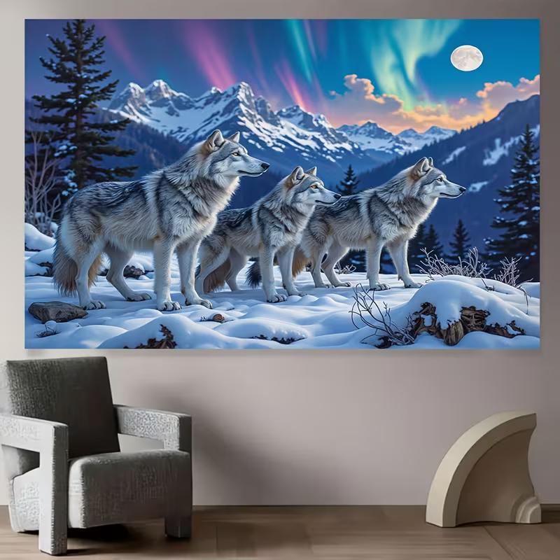 2D Winter Wolf Northern Lights Tapestry Snow Forest Party Backdrop Wall Art