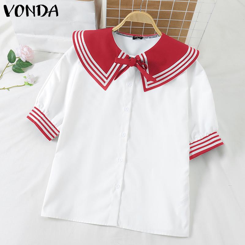 

VONDA Women Naval Collar Bow Knot Short Sleeve Striped Buttons Up Blouse College Style 5XL армия зеленый