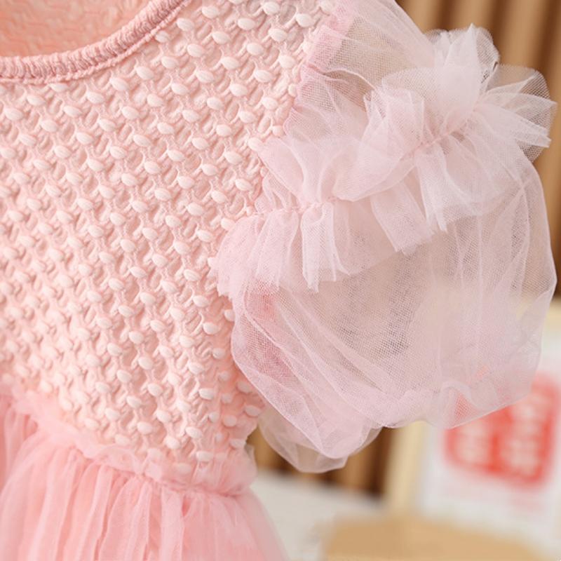 Sommer Neues Prinzessinnen-Stil Baby-Mädchenkleid Einfaches Einfarbiges Blasen-Kurzarm-Falten-Kuchenkleid Kinderkleidung Für Baby-Mädchen