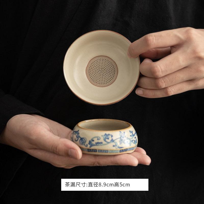 Ru kiln twisted branch lotus hand grab pot cover bowl teacup single high-end retro blue and white tea with lid ceramic kung fu tea set