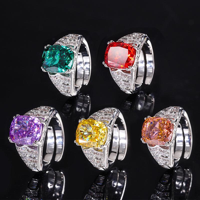 Joyería Cruda Fondo de Cobre Chapado en Oro Diamante de Alto Carbono Corte Flor de Hielo Cuadrado Gordo Engaste de Cobre Anillo de Temperamento 10 * 12