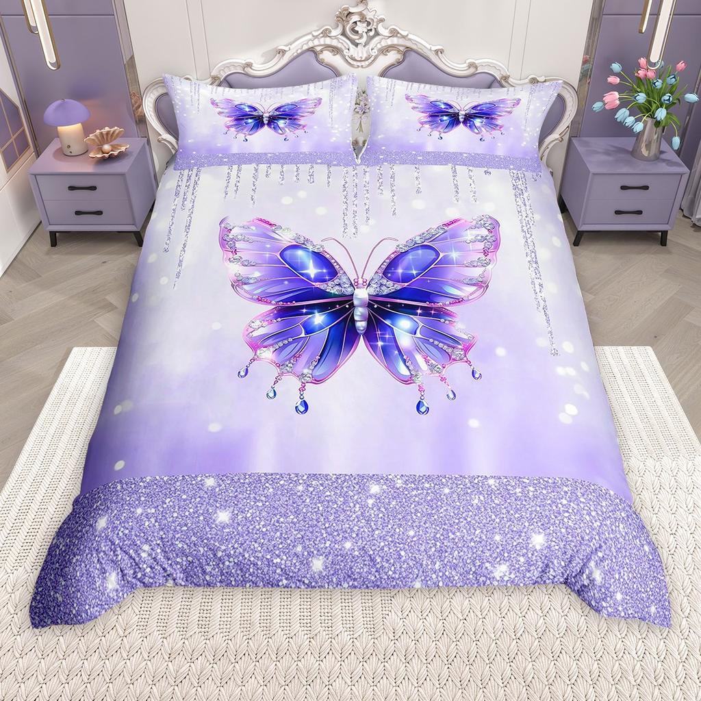 Homewish Girls Butterfly Duvet Cover Set, Chic Glitter Sequin Print Bed Set, Wild Animal Quilt Cover Set