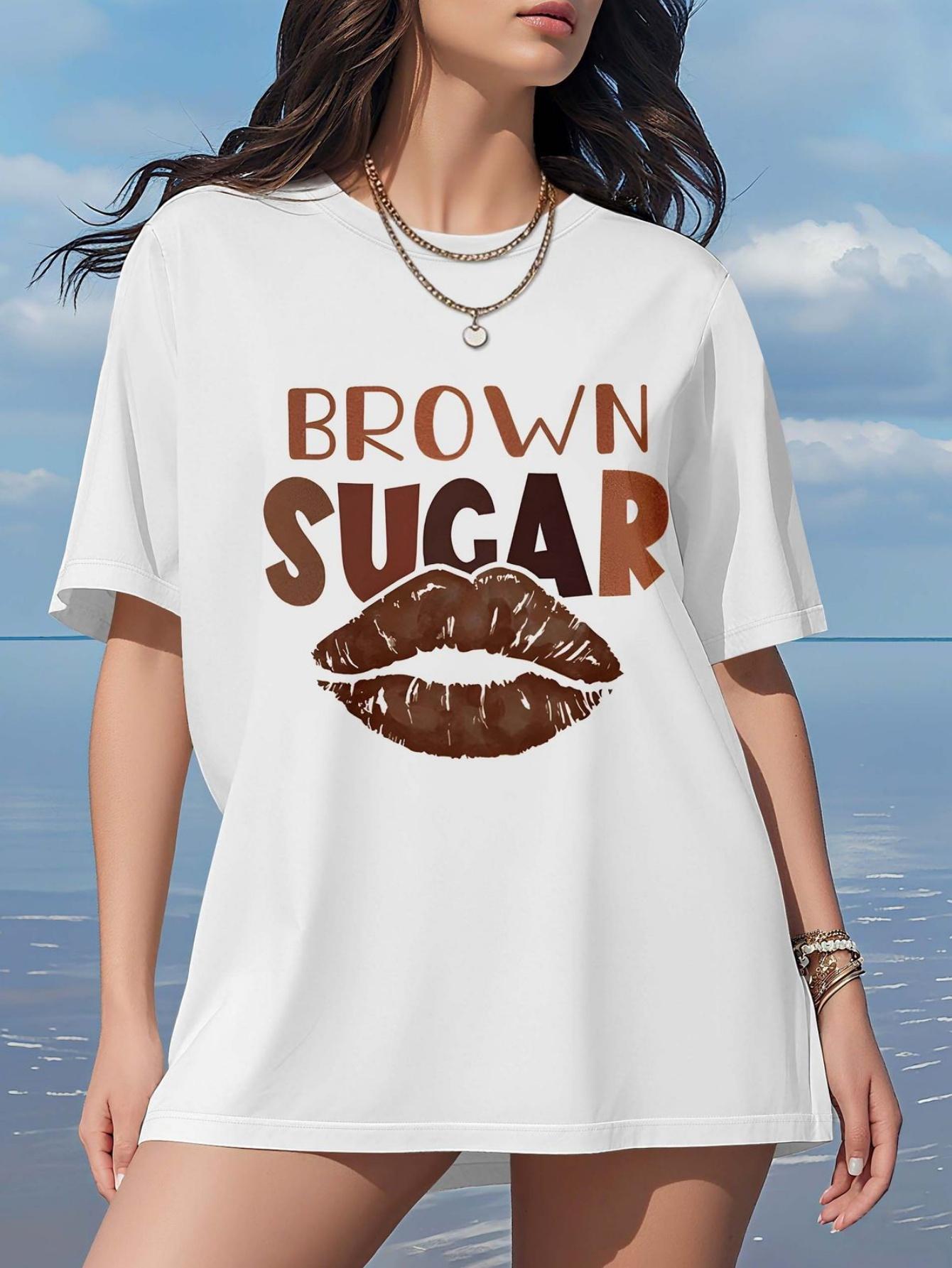 

Letter Print Drop Shoulder T-shirt, Short Sleeve Crew Neck Casual Top for Spring & Summer, Women s Clothing S белый