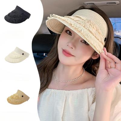 Nouveau Chapeau d'Été Enroulable Grand à Bord Protection du Visage Petit Extérieur Protection du Soleil Chapeau UV Pompon Chapeau de Paille