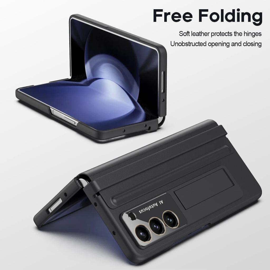 Luxury Leather with Holder Z Fold5 Hinge Protector Case for Samsung Galaxy Z Fold 5 4 5G Case with Glass Screen Protector Cover