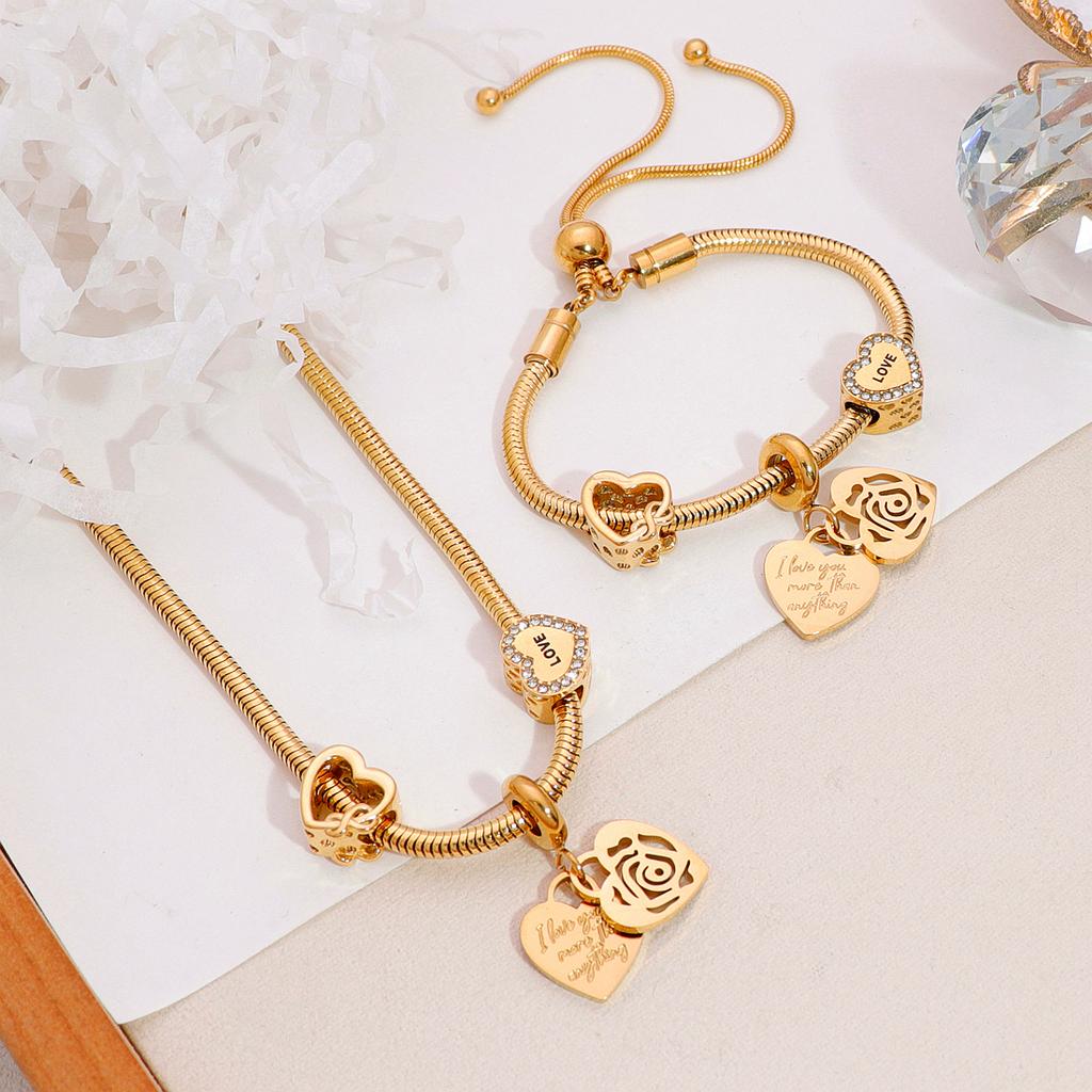 Fashionable High Quality Heart M&M Necklace Plated 18k Draw Bracelet Non-Fading Stainless Steel Jewelry Zircon Set