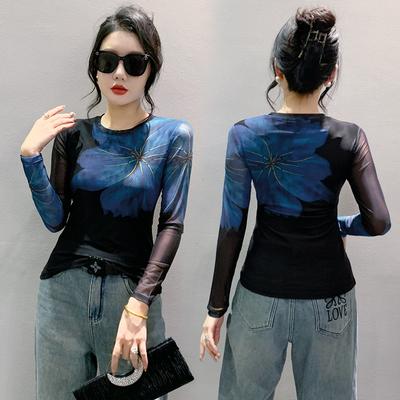 Netz-Basisshirt für Damen Dünnes Frühlings-Print Modisches Top Slim und Vielseitig Rundhals Langarm-T-Shirt