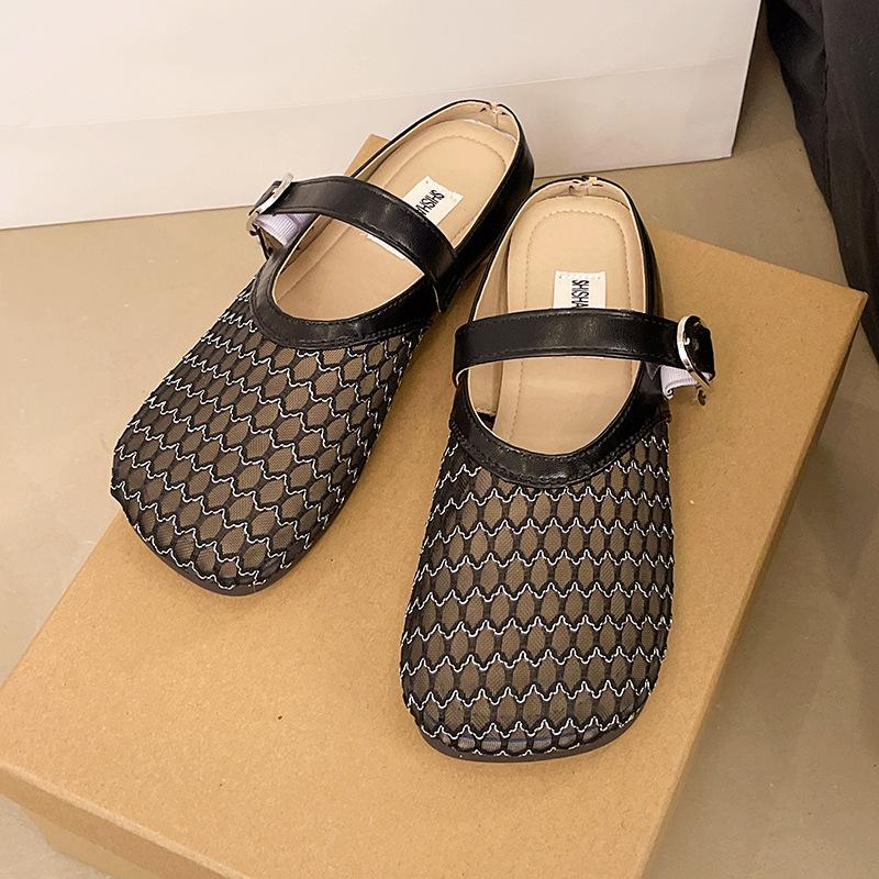 Flat-bottomed Mesh Breathable Mary Jane Cool Slippers Women's Shoes 2025 Summer New Retro Shoes