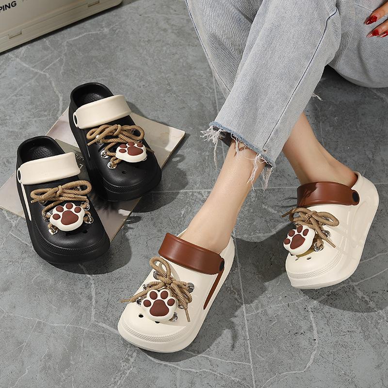 Fashion Women Summer Sandals Cute DIY Lace-up Paw Garden Shoes Girls Fashion Clogs Thick Sole 2 Way Wear Female Home Street Slippers