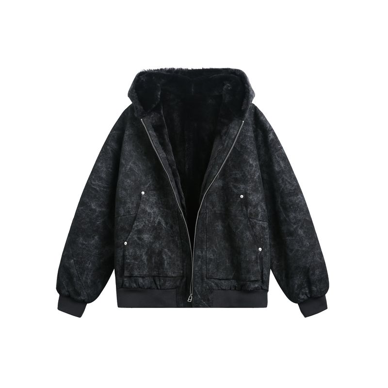 Blaexit American-Style Faux Rabbit Fur Hooded Marble-Patterned Mountain Carving Jacket for Men, Thickened Winter Cotton Coat, Trendy