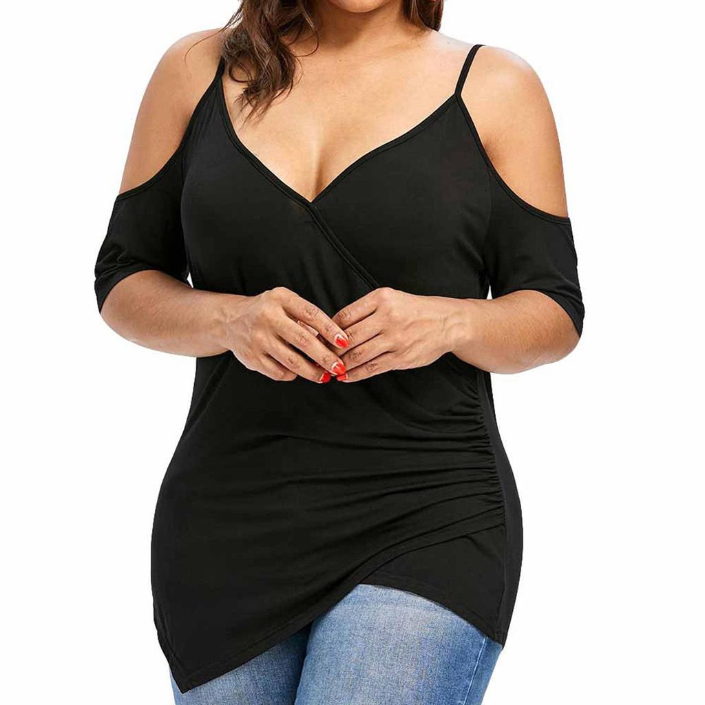 Fashion Womens Plus Size Cutout Asymmetric Cold Shoulder T-shirt V-Neck Tops