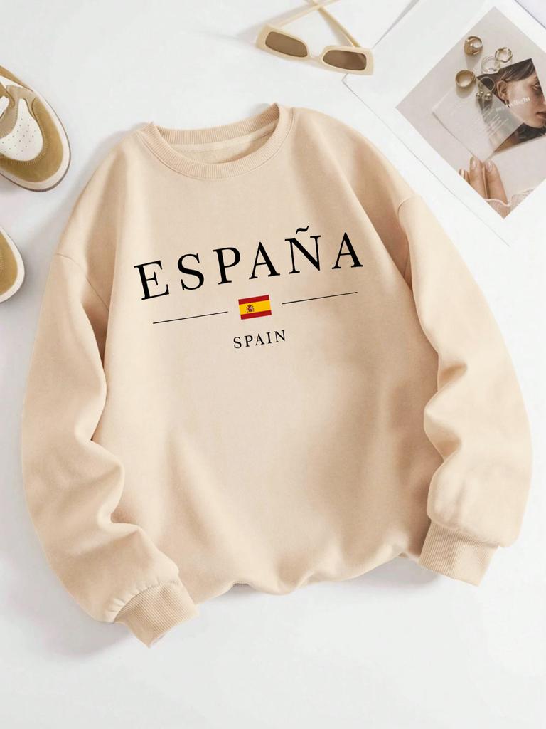 Spain Flag Design Womens Y2K Sweatshirts All-Match Loose Pullover Autumn Fleece Streetwear Casual O-Neck Clothing