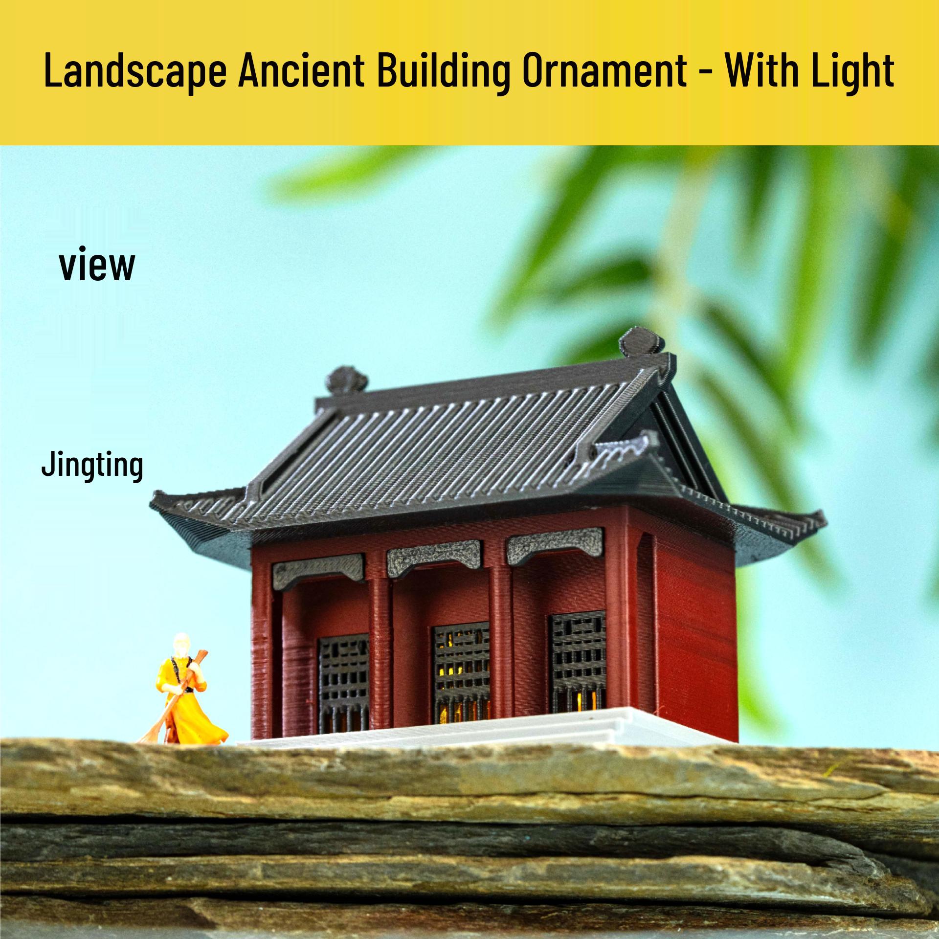 Retro Diaojiaolou Architecture Miniature: Ancient Chinese Rockery Bonsai Landscape Model with Pavilion and Figures Single-layer Pavilion without Light