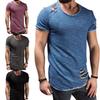 Summer T-shirt Solid Color Short Sleeve Cotton Blend Hole Design Top Pullover for Men T-shirt