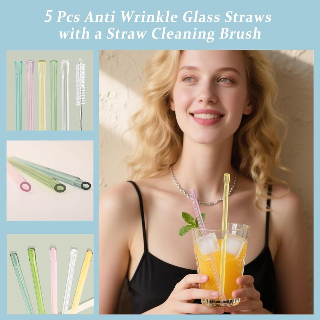 7.9 in Anti Wrinkle Straw, 5 Pcs Flat Mouth Glass Straws Shatter Resistant for Lip Wrinkles Prevention with Cleaner Brush, Reble Glass Drinking