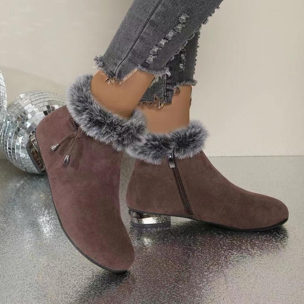 Women's Winter Warm Low Block Heels Snow Boots With Zipper Round Toe Walking Short Booties for Women Non-Slip Comfort Ankle Boots With Faux Fur Lined