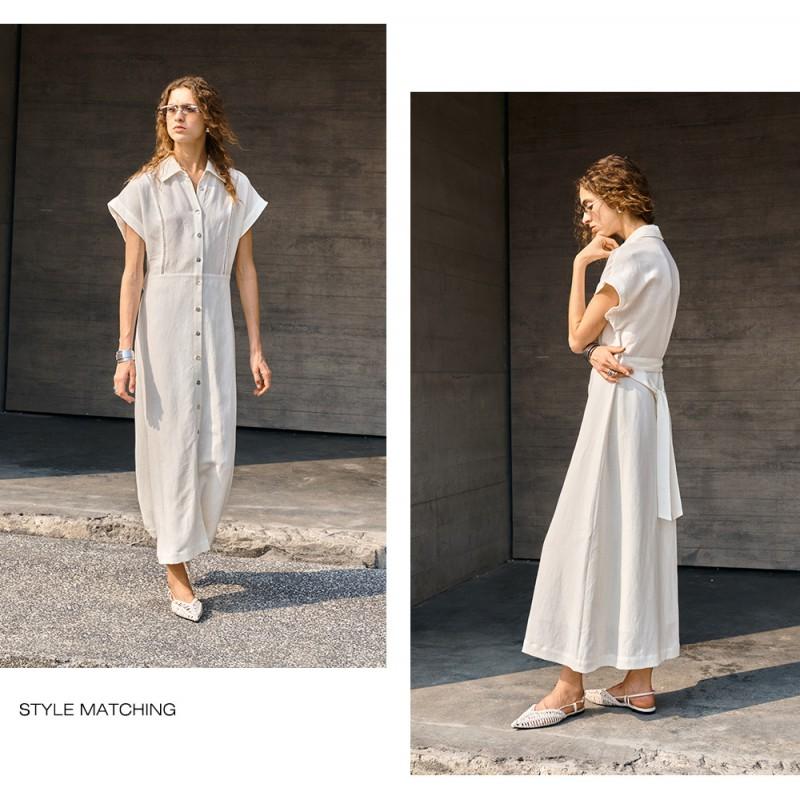 Womens Linen Tencel Blend Midi Dress With Adjustable Waist Short Sleeve High-Waisted Office Casual