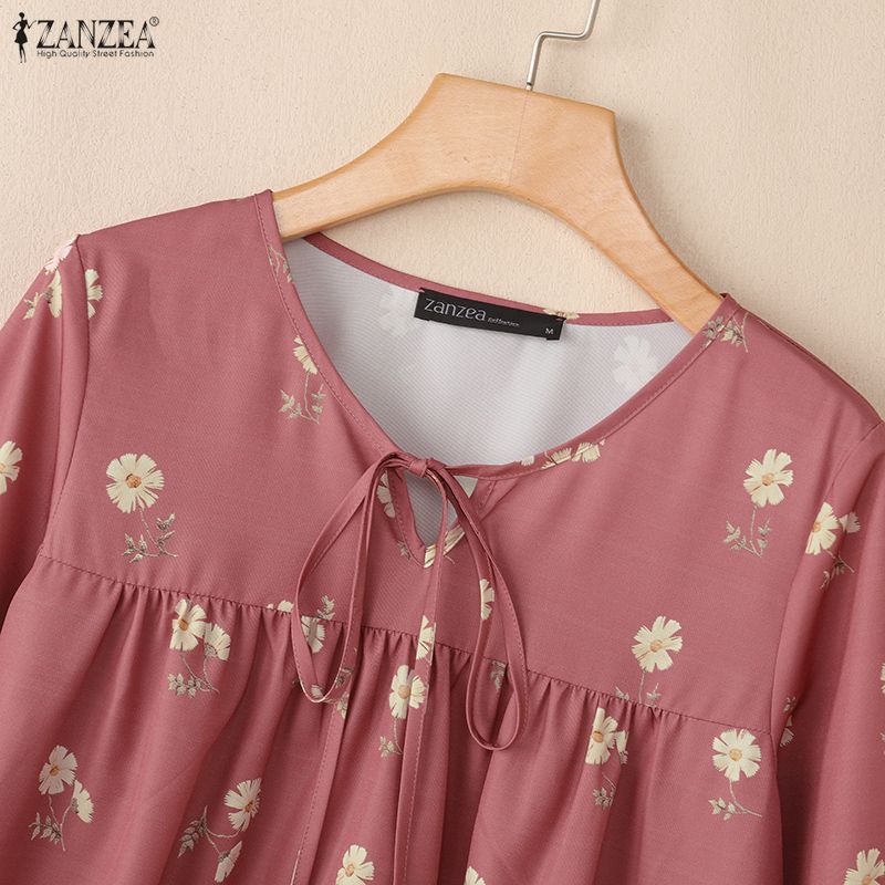 ZANZEA Women Casual Round Neck Floral Print Loose Long Sleeve Blouse
