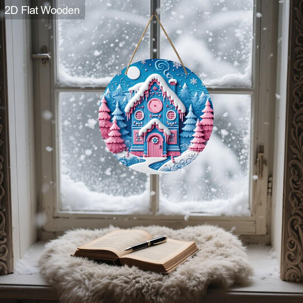 Pink Christmas Wooden Sign with Snow House Pattern - Navidad Sign for Front Door, Yard, Balcony Decor - Ideal Christmas Gifts