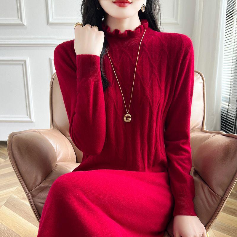 Large-sized Half Turtleneck Mid-length Sweater Dress for Women Solid Color Casual Knitted Dress with Loose Knitted Sweater for Autumn and Winter