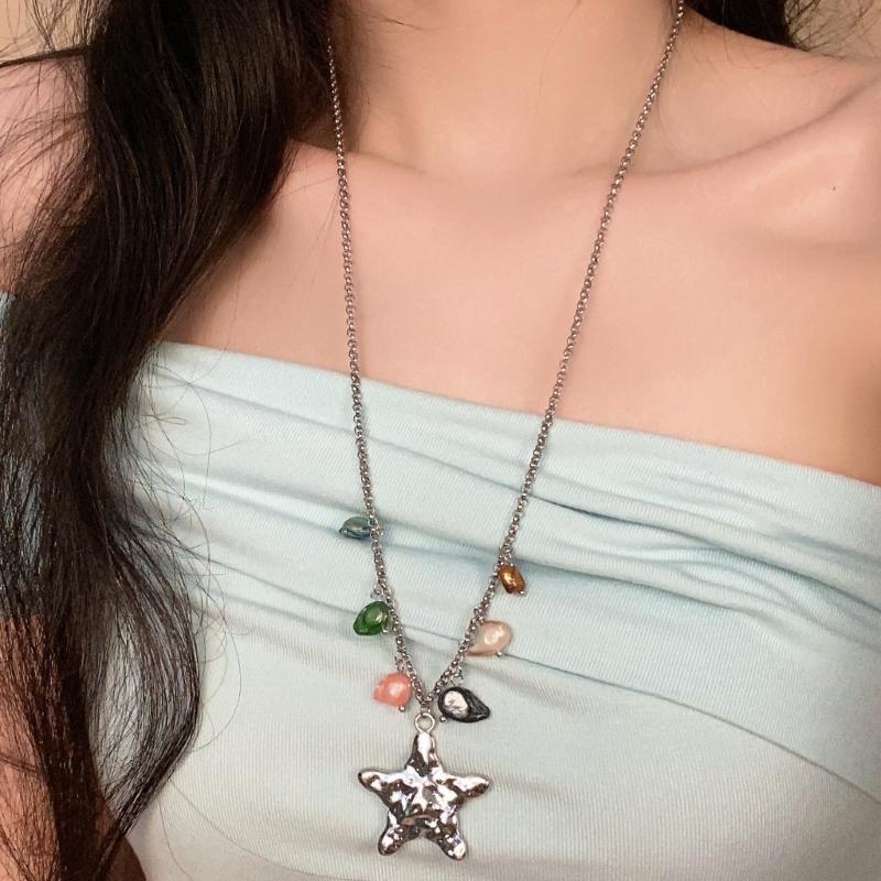 Elegant 5-Point Star Necklace Retro Sea Charm Design Neckchain Alloy Chain Neck Jewelry Daily Wear Accessory