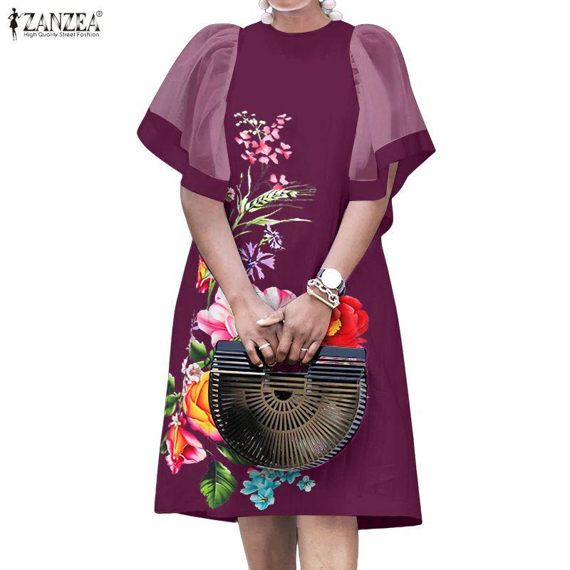 ZANZEA Women Casual Mesh Splice Short Sleeve Summer Floral Dress