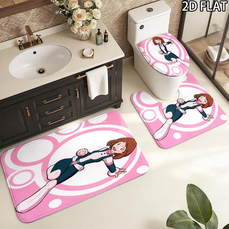 3pcs Ochaco Uraraka Pattern Flannel Nonslip Absorbent Washable Decorative Bathroom Home Toilet Seat Cover Mat