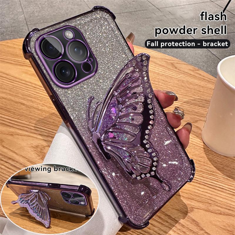 Glitter Butterfly Stand Phone Case for iPhone 17 Air 16 15 14 13 12 11 Pro Max 15 16 Plus Samsung S25 S24 23 S22 S21 Ultra Plus FE A17 A56 A36