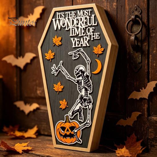 Festival Atmosphere Ornaments Halloween Table Sign, Spooky Message Board, Wooden Tabletop Centerpiece with Skeleton Unique Presents And Maple