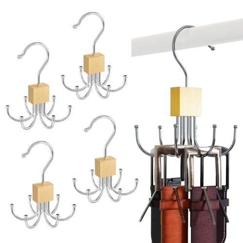 AUTAKI 4-Hold Wooden Belt Hanger, Tie Hanger, Belt Storage, Foldable, Space-Saving, Closet, Laundry Dryer, Multi-Functional, 360-Degree Rotation, Conv