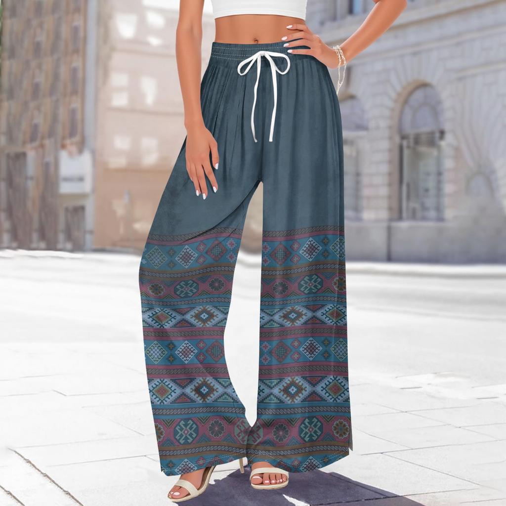 Damen Bedruckte Weitbeinige Hosen mit Taschen Hohe Taille Kordelzug Lockere Freizeit-Hosen