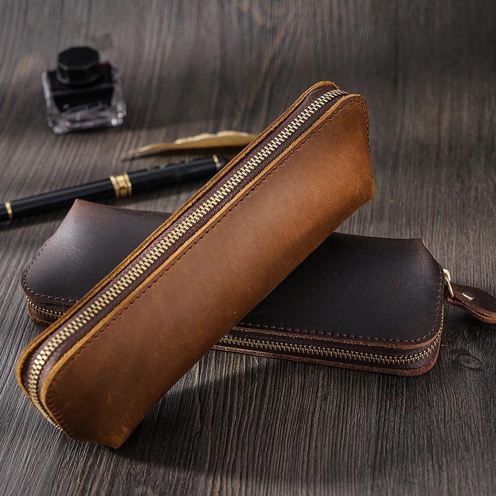 2026 Crazy Horse Leather Zipper Pencil Bag Handmade Leather Pencil Bag Creative Fashion Stationery Retro Pen Storage Bag