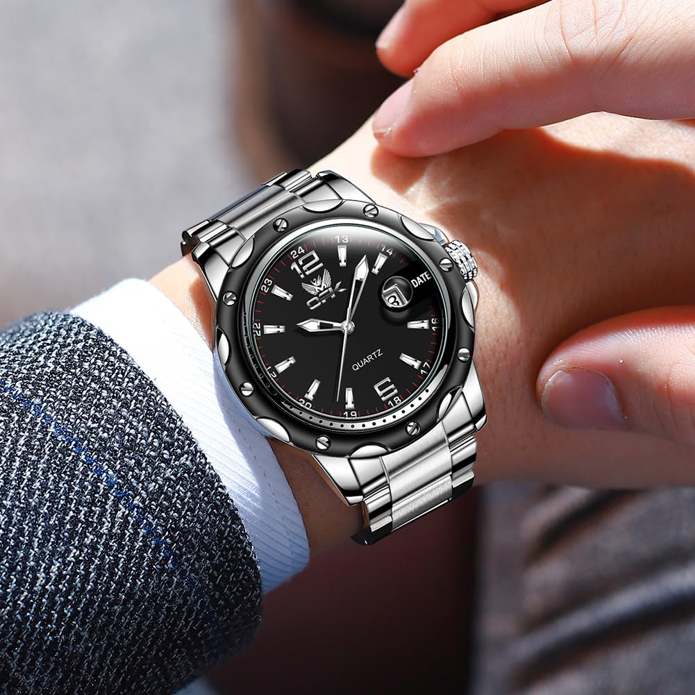 OPK Quartz Watch with Date Classic Stainless Steel Watch for or Office Black Men's Display, Waterproof, Luminous, Stylish, Easy-to-Read, Business,