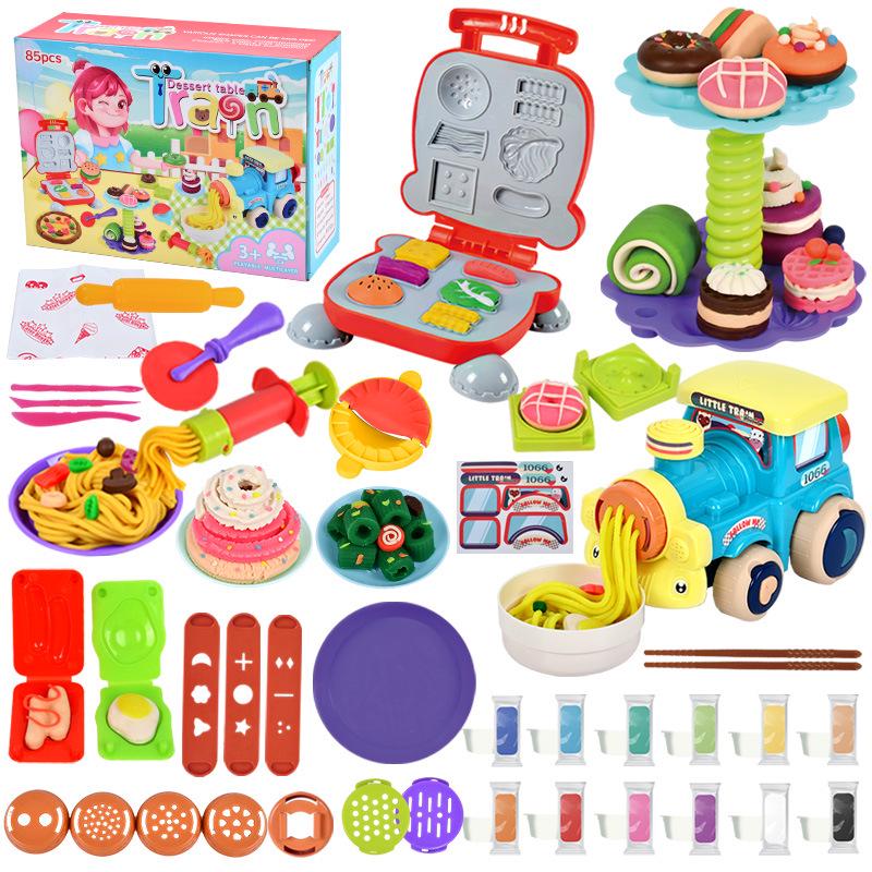 Children s Colorful Play-Doh Set: Hamburger, Train & Dessert Stand 3-in-1 Pretend Play Clay Toys