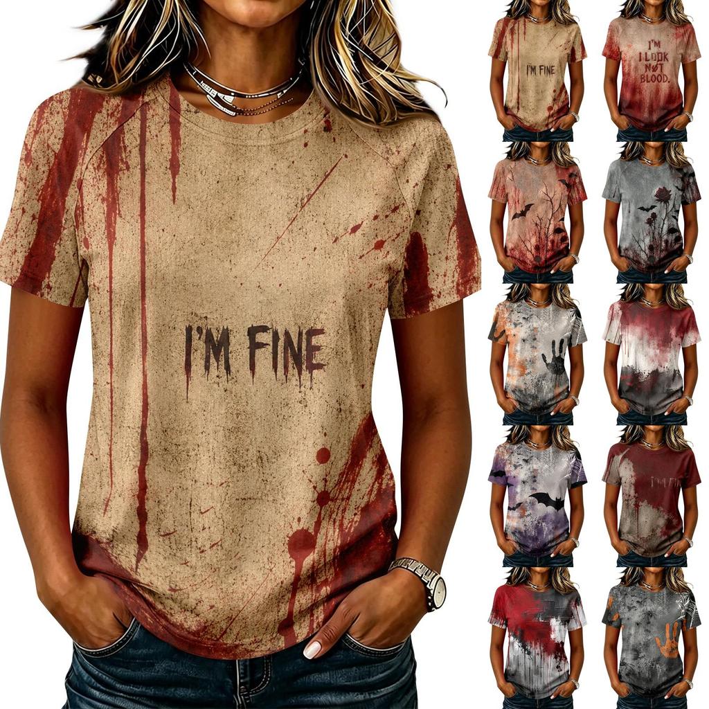 Women's Halloween Printed Short Sleeve Raglan Top, Round Neck Casual Blouse
