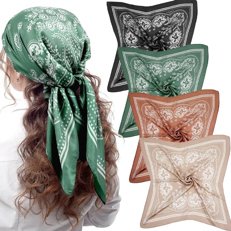 4 Stuks 27inch Modieuze Vierkante Satijnen Bandana's voor Vrouwen Paisley Hoofddoeken Nek Haarwikkel Grote Zakdoek Hoofddeksel Hoofdband black