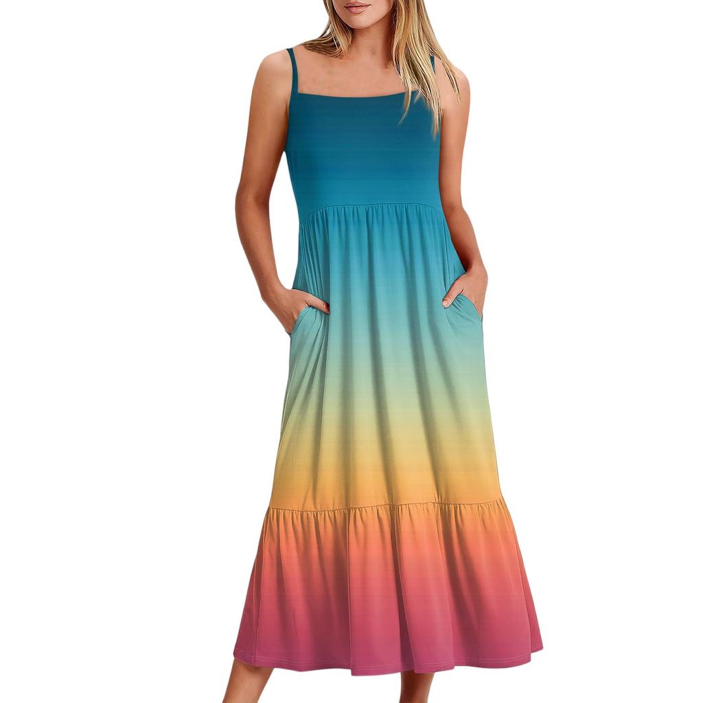 Kvinners Lang Strand Casual Elegant Spaghettistropp Maxi Kjole Gradient Farge Lavmælt Flytende Bohemsk Kjole