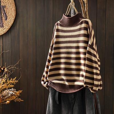 Jersey a rayas, suéter de cuello medio alto para mujer, suéter holgado de manga larga vintage de literatura, suéter tejido de ocio para mujer