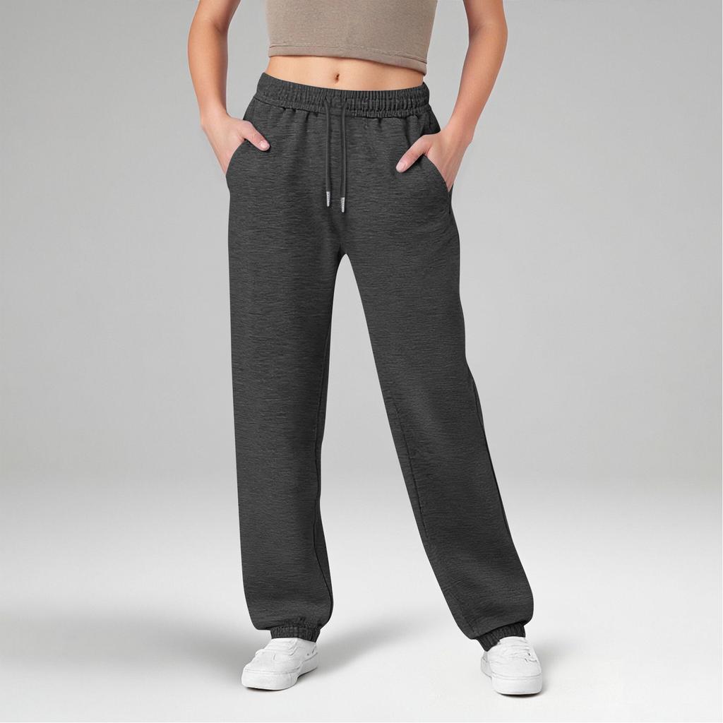 Women's Wide Leg Sports Pants Yoga Straight Mid-Rise Drawstring Elastic Low-Waist Clothing With Pockets