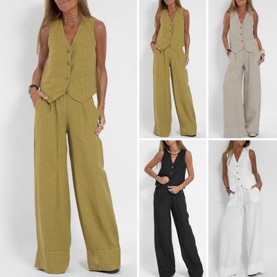 Damen-Anzugset aus Baumwollleinen mit weitem Bein, ärmelloser Weste und Hose mit hoher Taille