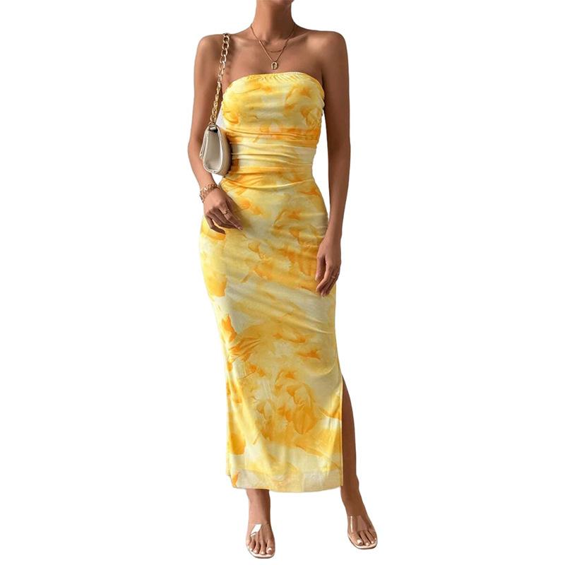 Spring and Autumn Women's Clothing Mesh Floral Pleats Sexy Tight Split Strapless Tube Top Dress