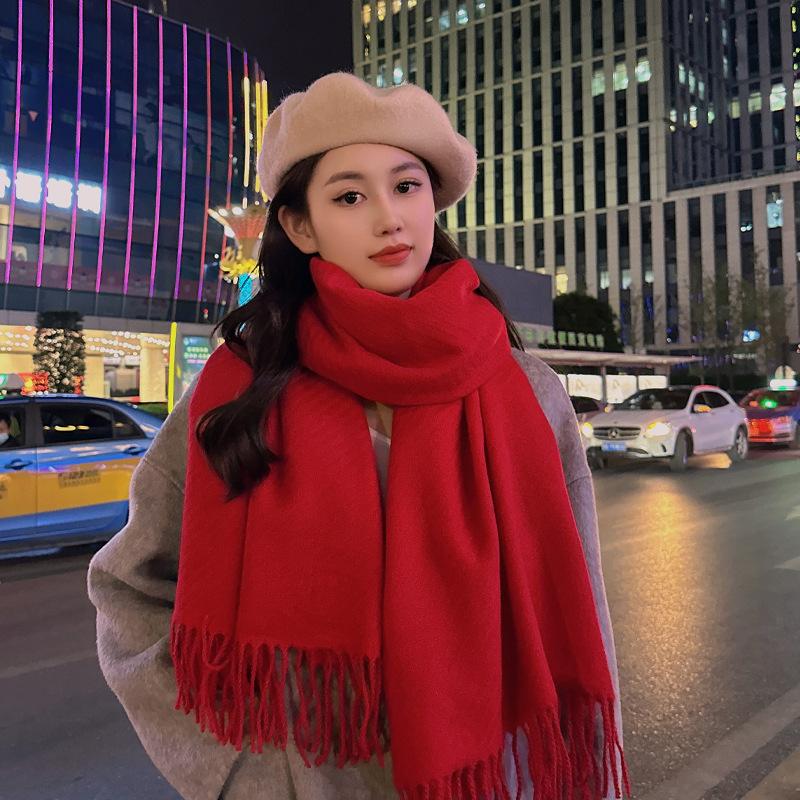 Solid Color Haze Blue Scarf Women's Winter Korean Version Versatile Thickened Warm High-end Shawl Atmosphere Scarf