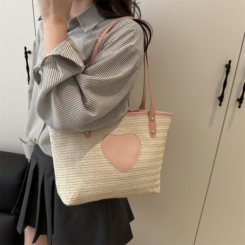 Bag women's bag 2025 new Korean version, simple small bag, love straw woven bucket bag, tote bag
