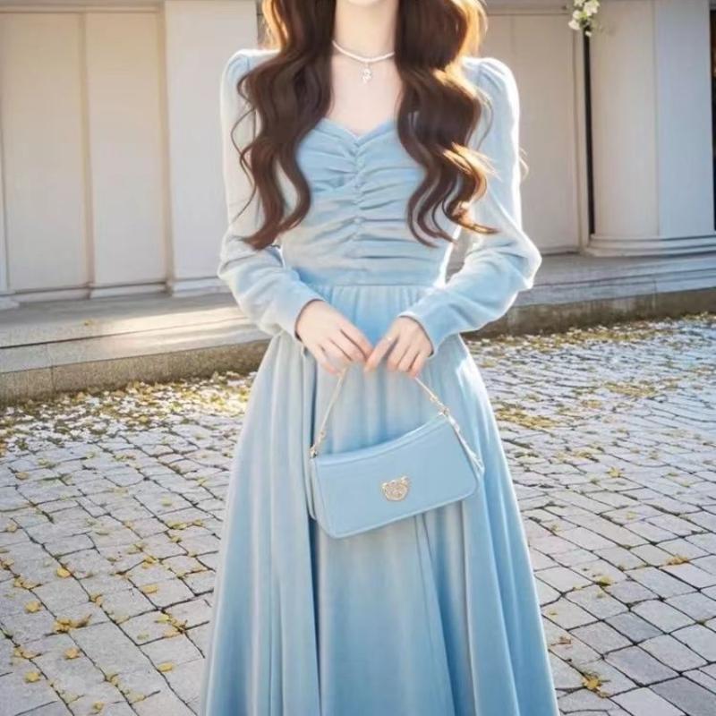 Early Autumn Luxury Temperament Long Skirt Women's Autumn High-End Blue Velvet Dress