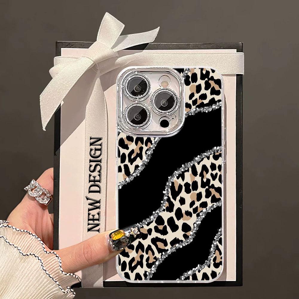 Glitter Leopard Print Printed Glacier Texture Case For iPhone 17 Air 16 15 14 13 12 11 Pro Max 8 Plus Glass Lens Protector Cover