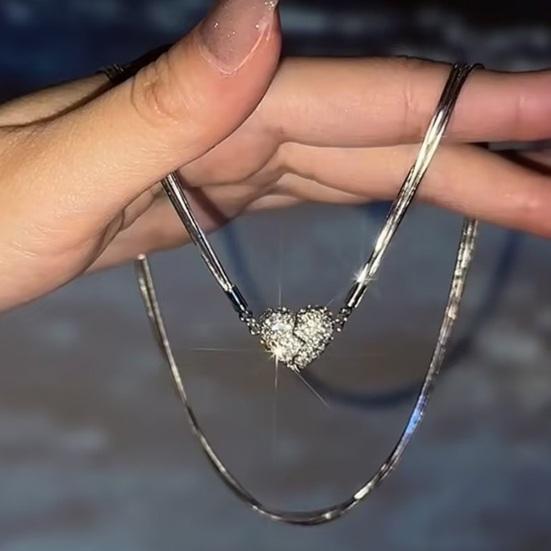 Yousheng Women Necklace Magnetic Broken Heart Pendant Rhinestone Three-layered Snake Bone Chain Prom Party Clavicle Necklace Weddings Jewelry