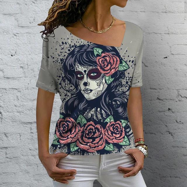 Summer V-neck 3D Skull Rose Print Top Fashionable Casual Short Sleeved Women's T-shirts