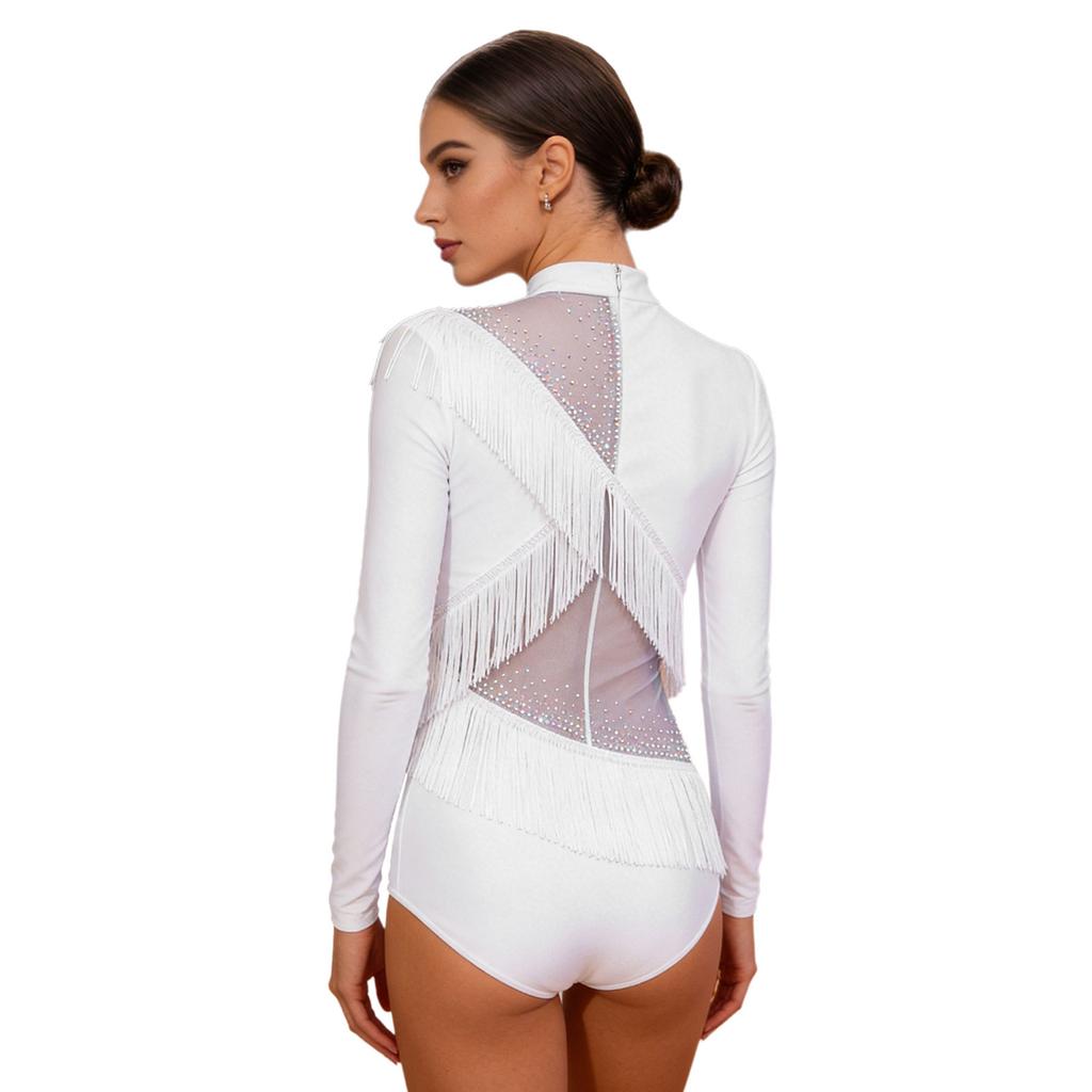 Damen Latein Tanz Jumpsuit Strasssteine Langarm Reißverschluss Hinten Fransen Leotard